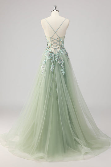 Sparkly Green Tulle A Line Appliqued Long Formal Dress with Slit